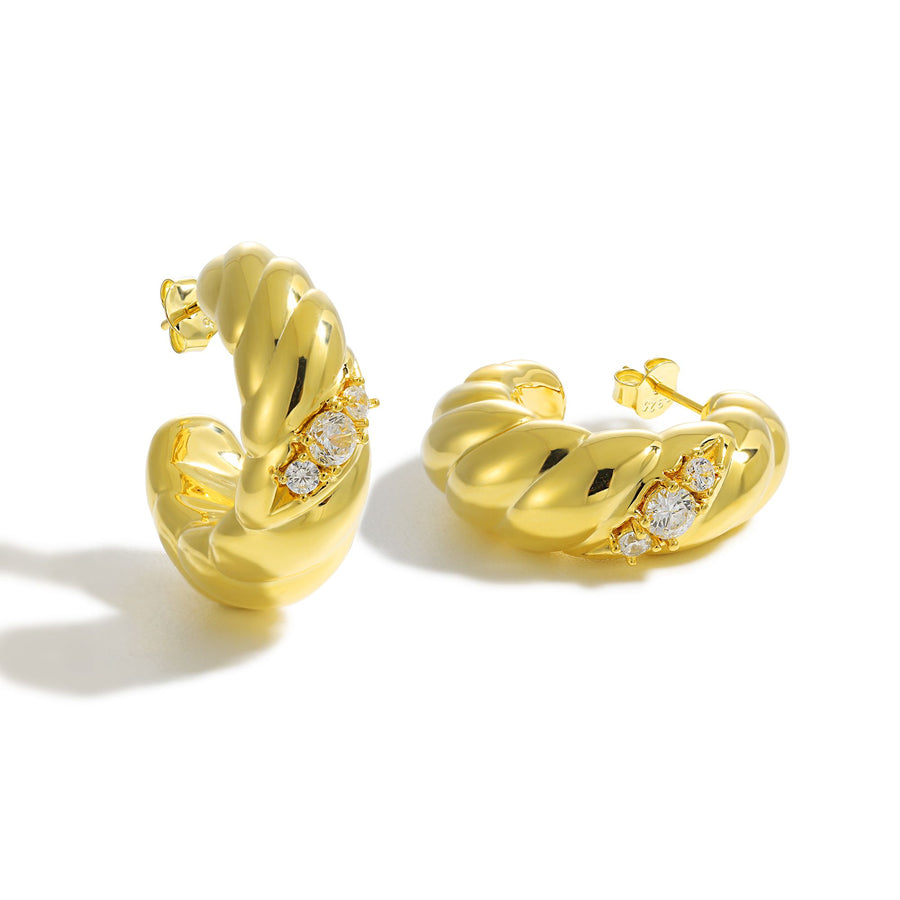 Three-CZ Geometric U-Shape Hoop Earrings in Sterling Silver