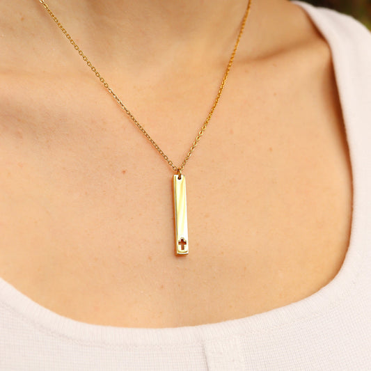 18K Gold PVD Cross Cutout Vertical Bar Necklace