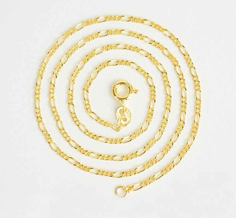 18K Yellow Gold Figaro Marina Chain Necklace, 925 Sterling Silver