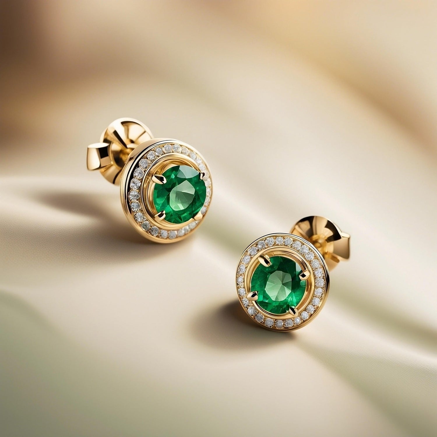 Pair of elegant gold stud earrings featuring vibrant round-cut green gemstones surrounded by a halo of small sparkling diamonds, displayed on a soft cream fabric background with warm lighting.