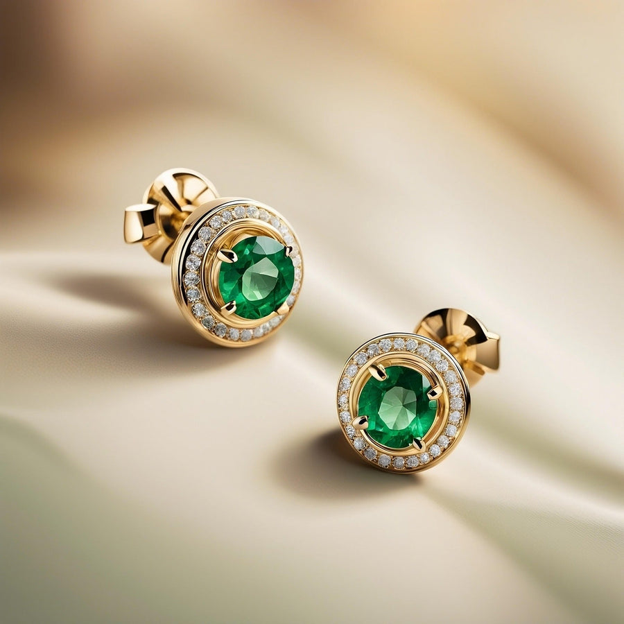 Pair of elegant gold stud earrings featuring vibrant round-cut green gemstones surrounded by a halo of small sparkling diamonds, displayed on a soft cream fabric background with warm lighting.