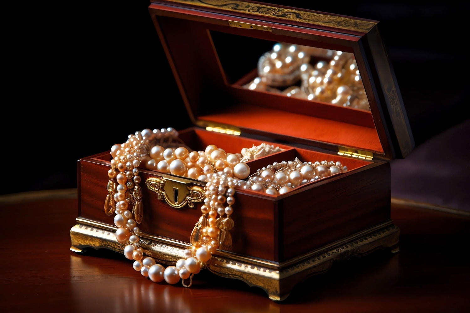 Open wooden jewelry box filled with pearl necklaces and jewelry under warm lighting.