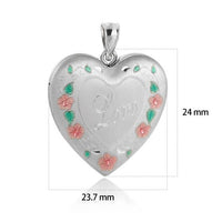 Heart Locket with Red Flowers and Green Leaves 925 Sterling Silver