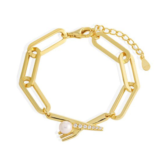 Natural Pearl Fork CZ 925 Sterling Silver Hollow Chain Bracelet