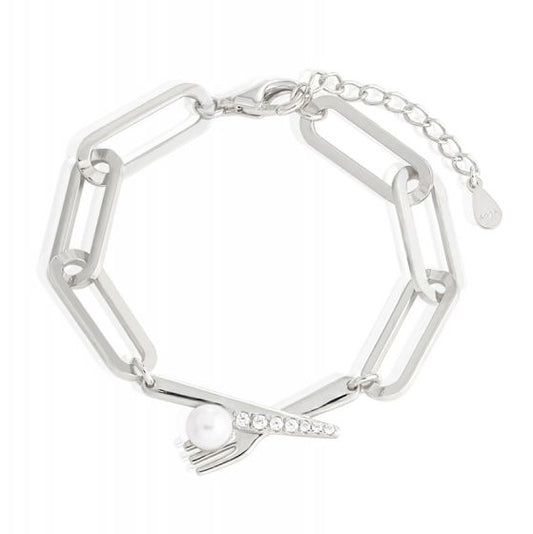 Natural Pearl Fork CZ 925 Sterling Silver Hollow Chain Bracelet