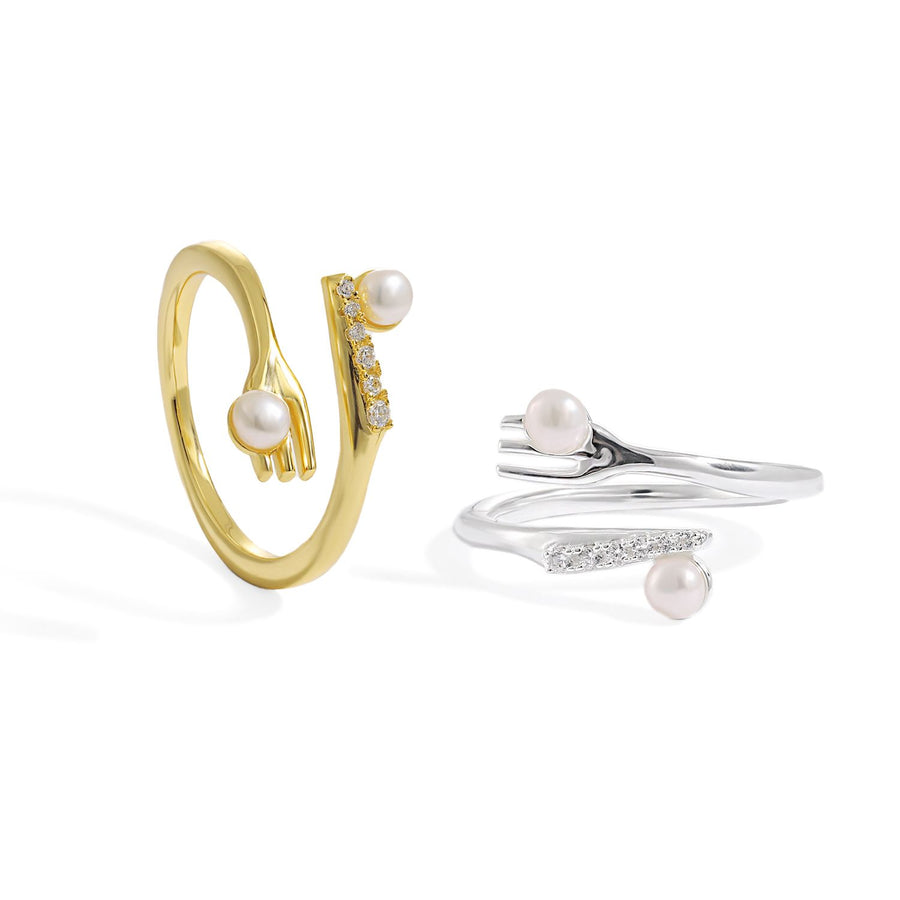 Natural Pearl Fork and Knife Crystal Sterling Silver Adjustable Ring