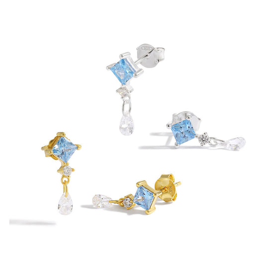 Blue Rhombus CZ Drop Earrings in 925 Sterling Silver