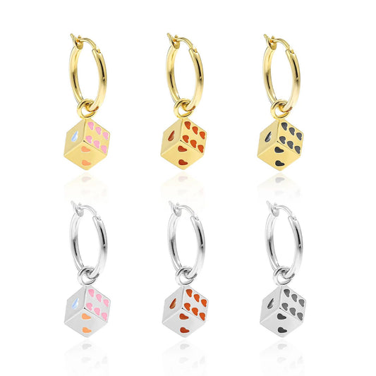 Red Heart Cubic Dice Dangling Earrings in 925 Sterling Silver