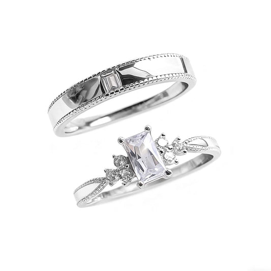 Square Zircon Matching Couple Bands, S925 Sterling Silver