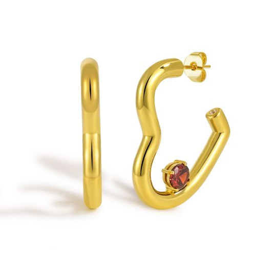 Red CZ Heart Sterling Silver Hoop Earrings