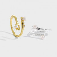Natural Pearl Fork and Knife Crystal Sterling Silver Adjustable Ring