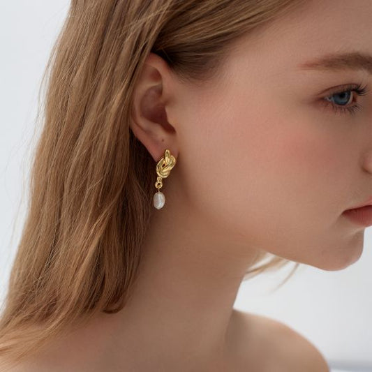 Irregular Natural Pearl Knot Dangling Earrings in 999 Silver