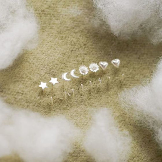 Mini Star Moon Heart Sunflower Sterling Silver Stud Earrings
