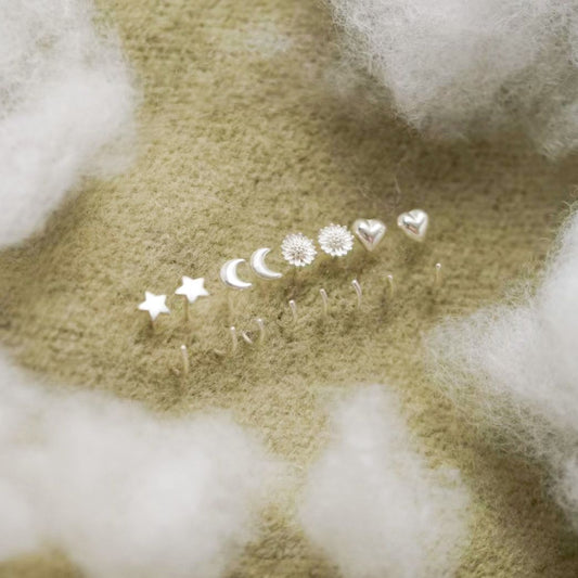Mini Star Moon Heart Sunflower Sterling Silver Stud Earrings