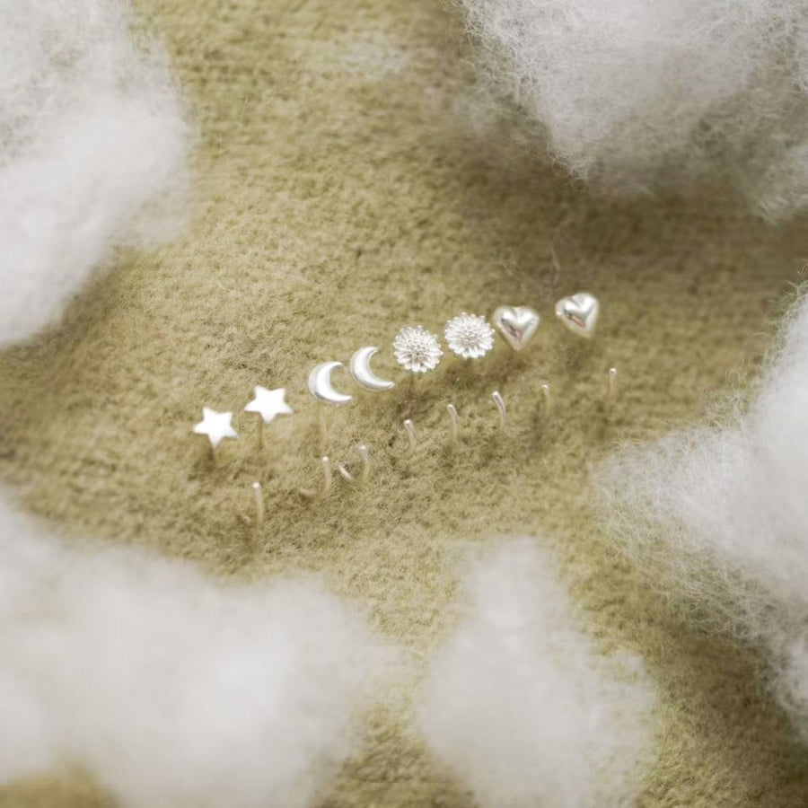 Mini Star Moon Heart Sunflower Sterling Silver Stud Earrings