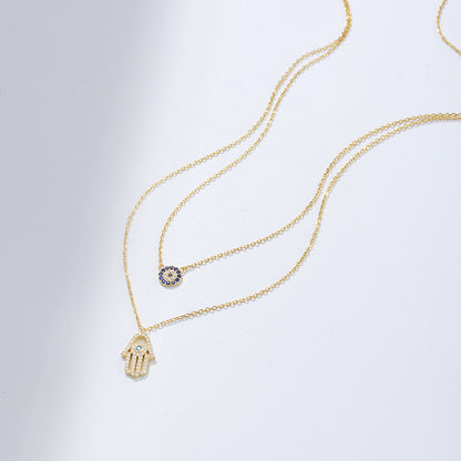 Sterling Silver Hamsa Hand Double Layer Necklace