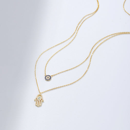 Sterling Silver Hamsa Hand Double Layer Necklace