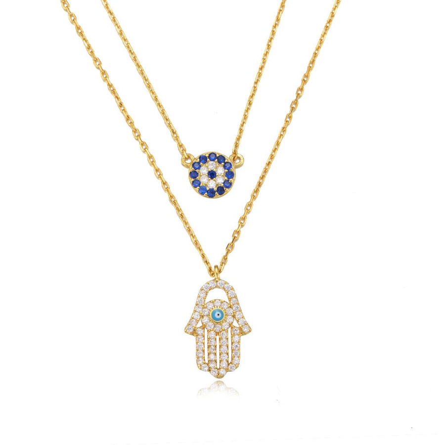 Sterling Silver Hamsa Hand Double Layer Necklace