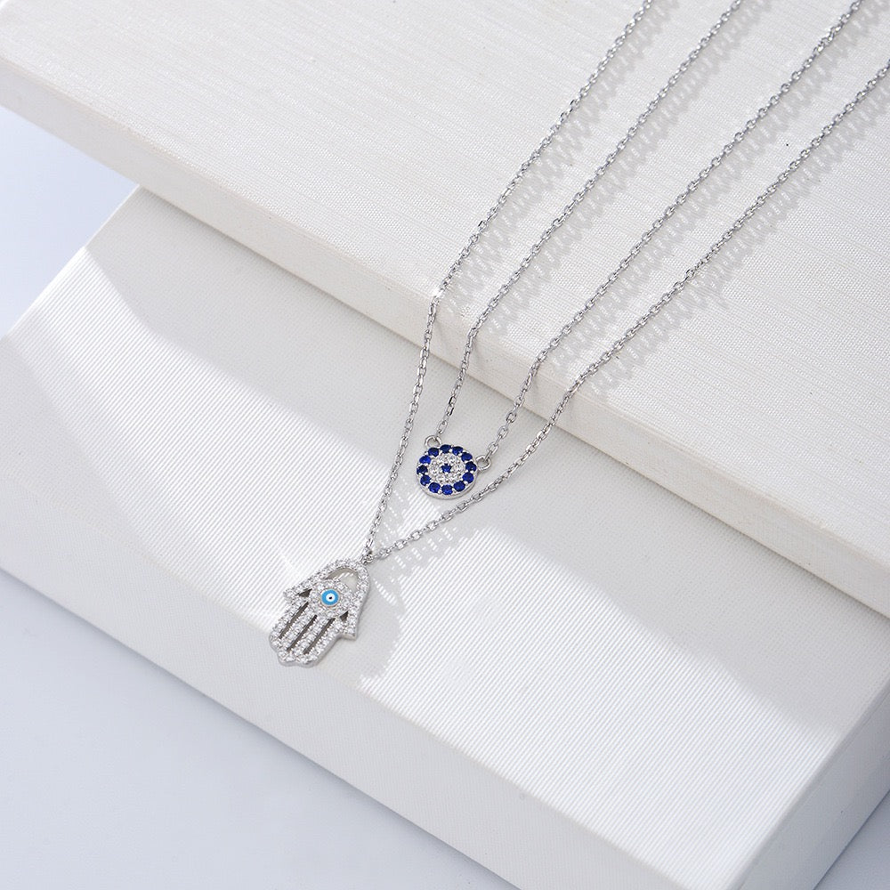 Sterling Silver Hamsa Hand Double Layer Necklace