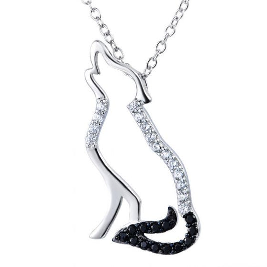 Wolf Pendant Necklace in Black and White Cubic Zirconia
