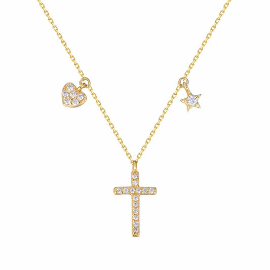 CZ Cross Heart Star 925 Sterling Silver Necklace