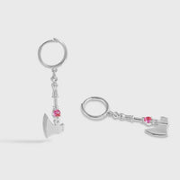 Red Heart Crystal Axe Leverback Earrings, 925 Sterling Silver