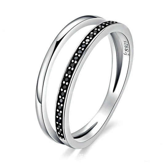 Double Line Black CZ 925 Sterling Silver Ring