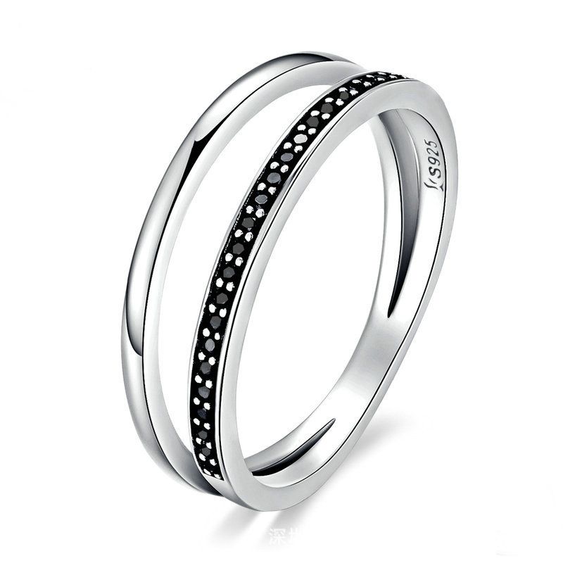 Double Line Black Crystal 925 Sterling Silver Ring