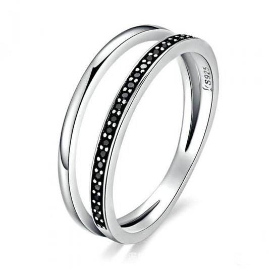 Double Line Black CZ 925 Sterling Silver Ring