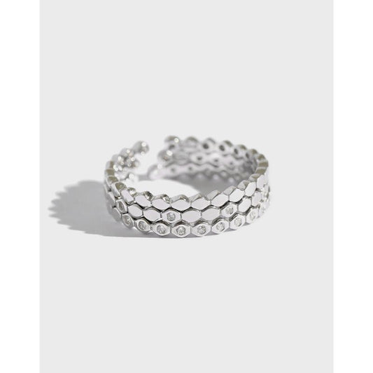 Three CZ Hive Adjustable Stacker Ring, 925 Sterling Silver