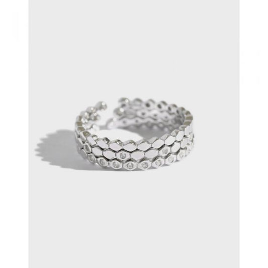 Three CZ Hive Adjustable Stacker Ring, 925 Sterling Silver