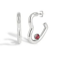Red Crystal Heart Sterling Silver Hoop Earrings