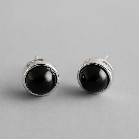 Round Natural Agate Sterling Silver Stud Earrings