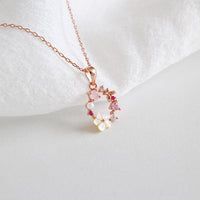 Pink Crystal and White Shell Flower Garland Necklace, 925 Sterling Silver, Rose Gold Plated