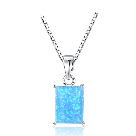 Elegant Rectangle Created Opal 925 Sterling Silver Necklace