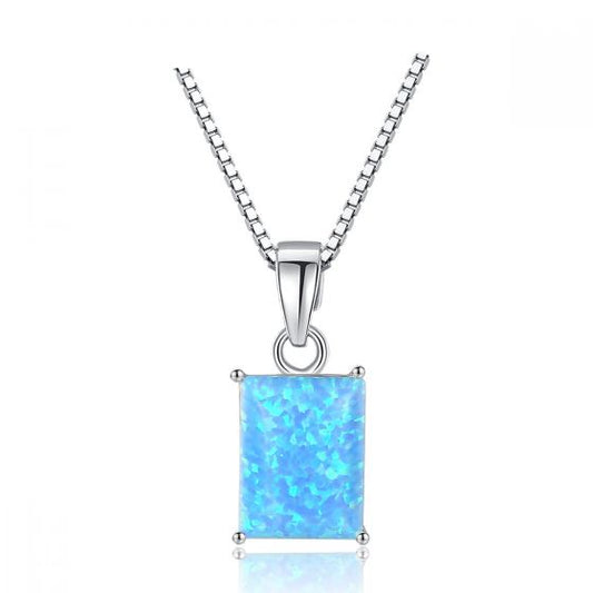 Elegant Rectangle Created Opal 925 Sterling Silver Necklace
