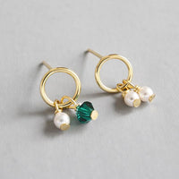 Asymmetry Shell Pearl Stud Earrings with Green Crystal