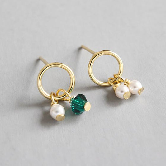 Asymmetry Shell Pearl Stud Earrings with Green CZ