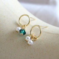 Asymmetry Shell Pearl Stud Earrings with Green Crystal