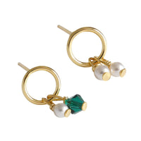 Asymmetry Shell Pearl Stud Earrings with Green Crystal
