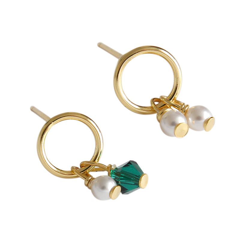 Asymmetry Shell Pearl Stud Earrings with Green Crystal