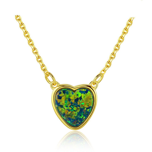 Simple Heart Created Opal Necklace in 925 Sterling Silver