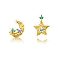 Asymmetrical Star and Crescent Moon 925 Sterling Silver Stud Earrings
