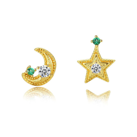 Asymmetrical Star and Crescent Moon 925 Sterling Silver Stud Earrings