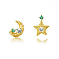 Asymmetrical Star and Crescent Moon 925 Sterling Silver Stud Earrings
