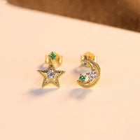Asymmetrical Star and Crescent Moon 925 Sterling Silver Stud Earrings