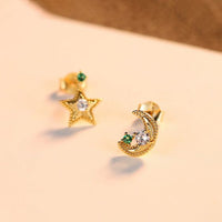 Asymmetrical Star and Crescent Moon 925 Sterling Silver Stud Earrings