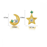 Asymmetrical Star and Crescent Moon 925 Sterling Silver Stud Earrings