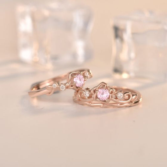 Pink Plum Blossom Adjustable Stacker Ring, 925 Sterling Silver