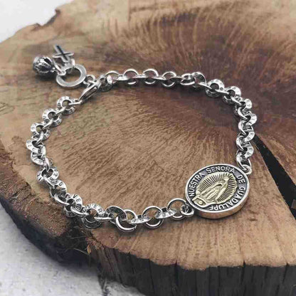 Men's Vantage Coin Cross Crown Sterling Silver Curb Bracelet